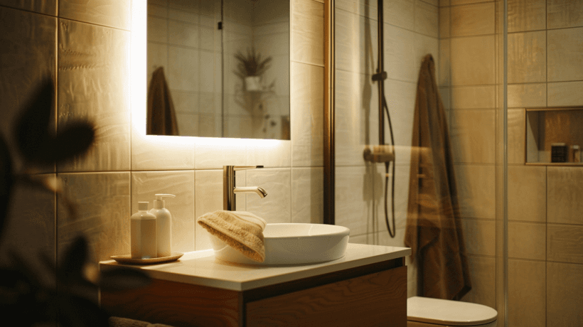 Modern vanity with warm timber and backlit mirror